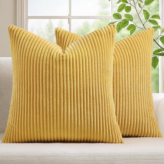 Mecatny Corduroy Decorative Throw Pillow Covers 18x18 Set of 2 for Sofa Living Room, Soft Neutral Boho Couch Pillow Covers for Home Decor, Mustard Yellow