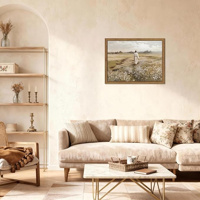 Framed Jesus Wall Art, Vintage Christian Canvas Wall Decor Pictures, Jesus Walking in Field Posters Prints, Rustic Religious Home Decor for Living Room Bedroom Church Prayer Room 16x24 Inch