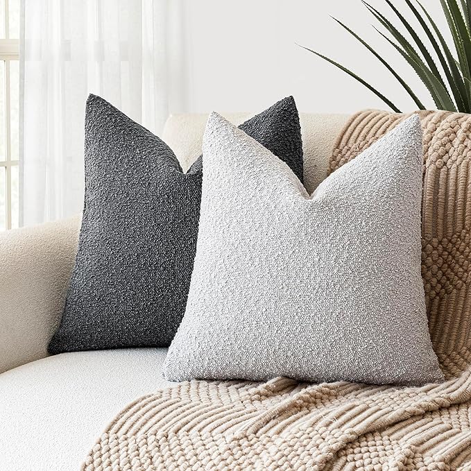 Foindtower Decorative Boucle Throw Pillow Covers Accent Solid Pillow Cases Cozy Soft Textured Couch Cushion Case for Chair Sofa Bedroom Living Room Home Decor 22 x 22 Inch,Light Grey