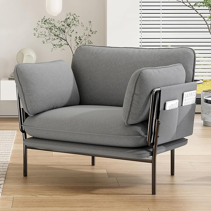 AYEASY Accent Chair, Oversized Living Room Chairs, Modern Armchair with Side Storage Pockets, Cozy Reading Chair with 2 Soft Pillow, Comfy Fabric Single Sofa Chair for Nursery, Bedroom, Blue Gray