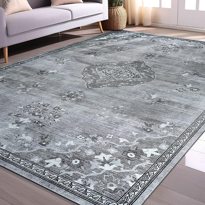 Beverly Rug Non Slip Rugs 6x9 Boho Medallion Floral Non Skid Rubber Backing Easy Silk Soft Area Rug for Living Room Easy to Clean Non Shedding Kitchen Bedroom Indoor Carpet (6 x 9 Gray - Dark Gray)