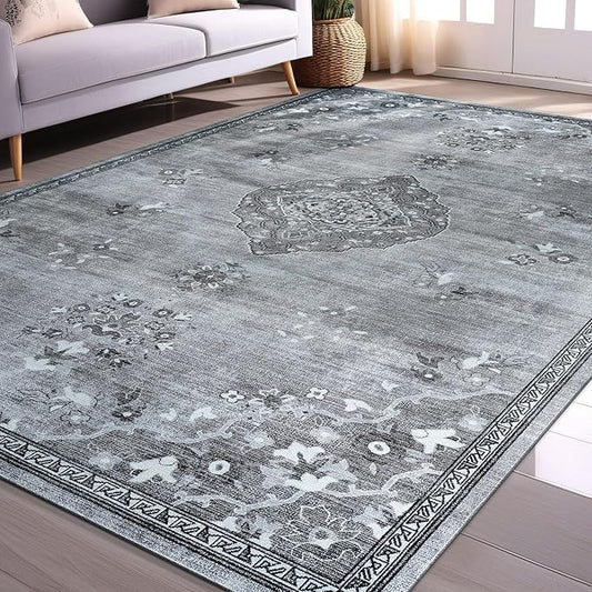 Beverly Rug Non Slip Rugs 6x9 Boho Medallion Floral Non Skid Rubber Backing Easy Silk Soft Area Rug for Living Room Easy to Clean Non Shedding Kitchen Bedroom Indoor Carpet (6 x 9 Gray - Dark Gray)