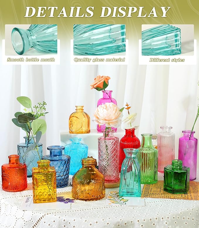 Set of 15 Colorful Glass Bud Vases - Small Textured Flower Vases for Centerpieces, Wedding Table Decor, Retro Home Decor Bulk Vase Set for DIY, Events & Gifts