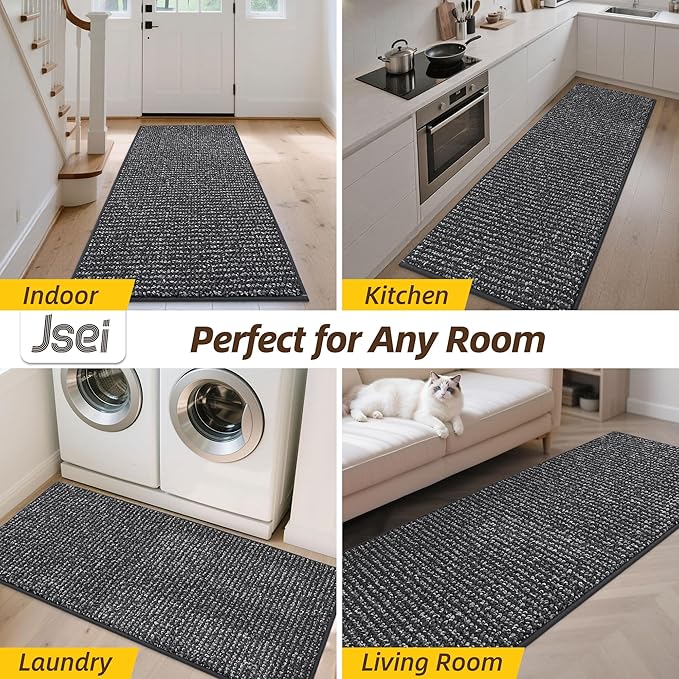 JSEI Dirt Trapper Door Mat 24"x60" Non-Slip Washable Entrance Mat, Dog Doormats, Absorbent & Fade-Resistant Floor Mats, Low Profile Welcome Mats for Entryway, Front Door, and Inside Entrance, Charcoal
