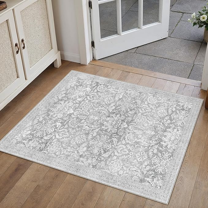 PureCozy Gray 2x3 Entryway Area Rug Washable Vintage Door Mat Indoor Non Slip Low Plie Soft Carpet Retro Grey Accent Throw Small Rug for Bathroom Bedroom Office Dining Living Room