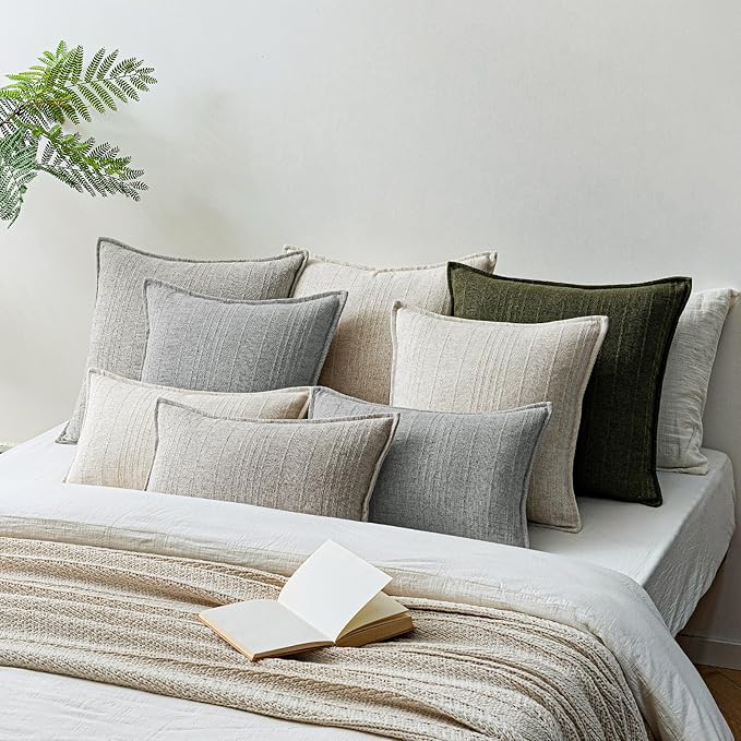 a moment Linen Pillow Covers Set of 2,Boho Farmhouse Throw Pillowcases Neutral Textured Decorative Covers for Couch Sofa,Soft Linen Blend Accent Case Cushion Living Room Home Decor 26"x26"Sky Gray