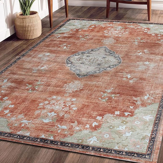 Beverly Rug Non Slip Rugs 4x6 Boho Medallion Floral Non Skid Rubber Backing Easy Silk Soft Area Rug for Living Room Easy to Clean Non Shedding Kitchen Bedroom Indoor Carpet (4 x 6 Orange - Cream)