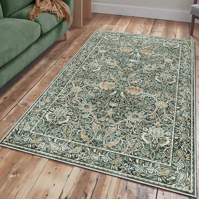 Fortsea Compact 4x6 Washable Area Rug Dark Green Non-Slip Low Pile Rug for Entryway Kitchen Bathroom Easy Clean Modern Print Floor Mat（4x6 Dark Green）