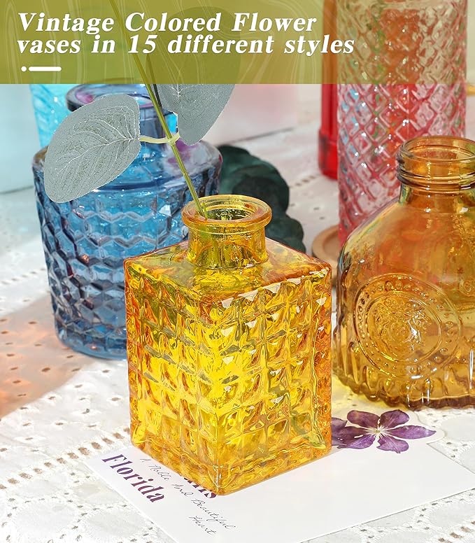 Set of 15 Colorful Glass Bud Vases - Small Textured Flower Vases for Centerpieces, Wedding Table Decor, Retro Home Decor Bulk Vase Set for DIY, Events & Gifts