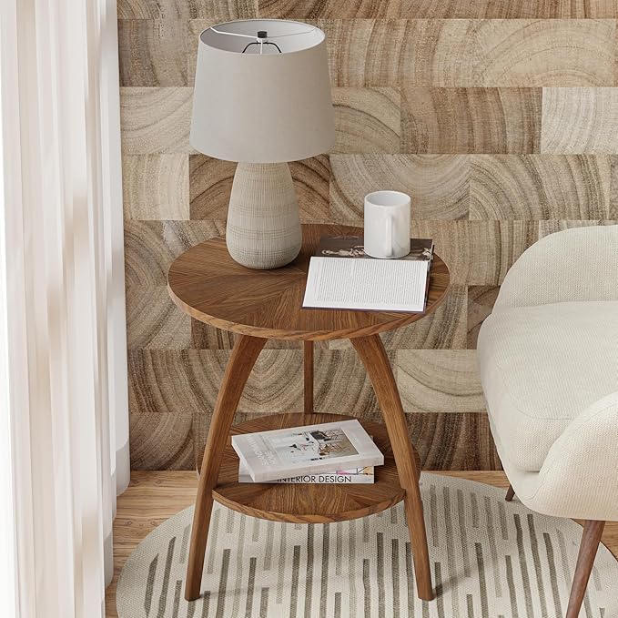 COZAYH Wood Round End Table with Storage Shelf, Walnut Finish Mid-Century Modern Accent Side Table with Curved Legs for Living Room, Easy Assembly, Stylish, Natural, Brown