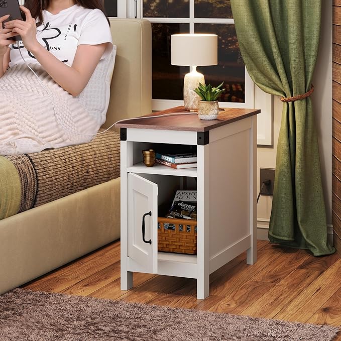 WLIVE End Table with Charging Station, Narrow Side Table for Living Room, Farmhouse Night Stand with Storage, Small Wooden Cabinet with USB Ports and Outlets for Living Room and Bedroom, White