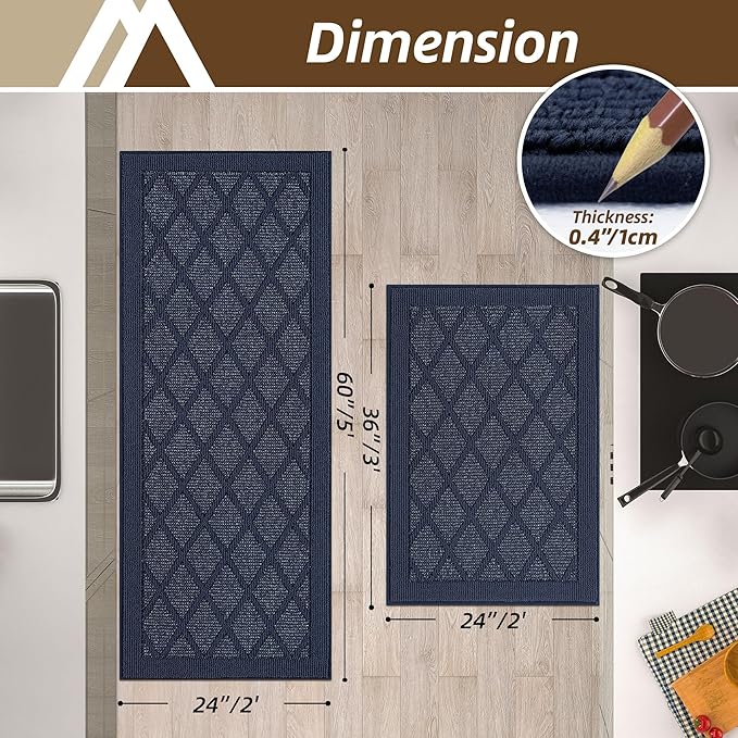 COSY HOMEER Kitchen Mats, 2 PCS Kitchen Rug Non Slip Washable, Absorbent Runner Rugs for Kitchen Floor, 100% Polypropylene Kitchen Sink Rug 24"x36" + 24"x60"(Blue)
