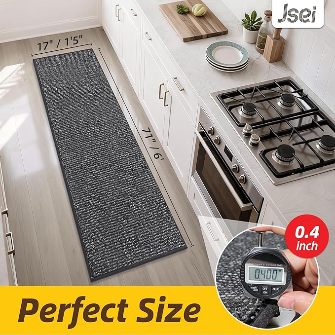JSEI Kitchen Runner Rugs, 17''x71'' Non-Slip Kitchen Mats for Floor, Machine Washable Absorbent and Stain Resistant Kitchen Rug, Carpet Mats with TPR Backing for Kitchen, Charcoal