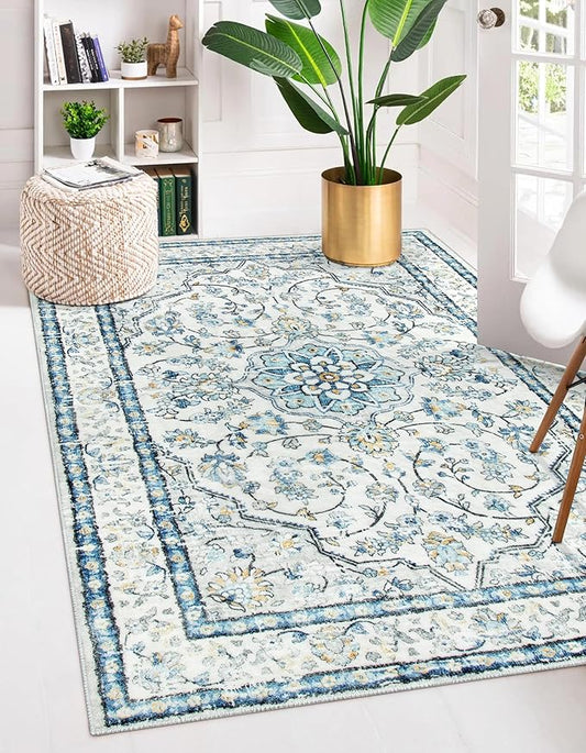 Lahome Oriental Blue Rug,Washable 3x5 Entryway Rugs Non-Slip with Rubber Backing,Soft Boho Front Door Carpet Indoor Entrance,Traditional Vintage Thin Throw Mats for Bathroom Bedroom Kitchen,(3x5ft)
