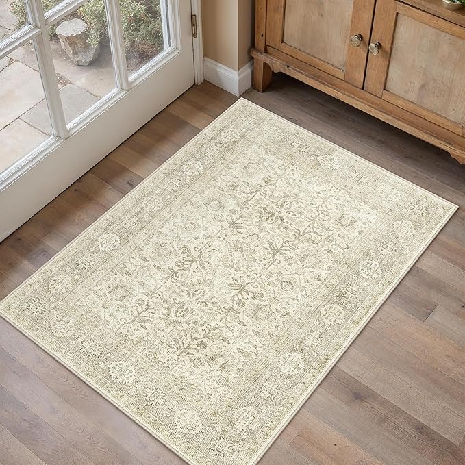 PureCozy Beige Entryway Rug 2x3 Vintage Area Carpet Indoor Kitchen Washable Door Mat Living Room Entrance Small Low Pile Traditional Distressed Retro Accent Throw Rug Non Slip Office Bathroom