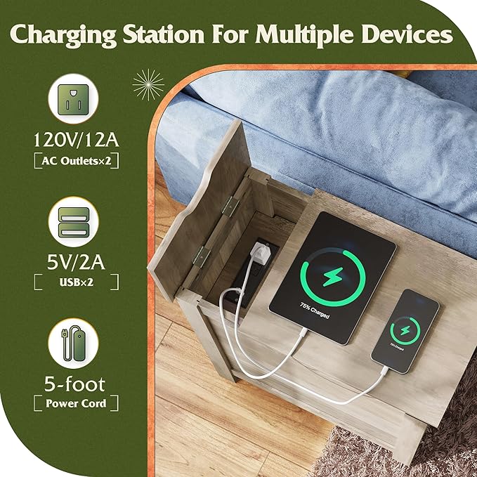 WLIVE End Table with Charging Station, Narrow Side Table for Living Room, Farmhouse Night Stand with Storage, Small Wooden Nightstand with USB Ports and Outlets for Living Room and Bedroom, Greige