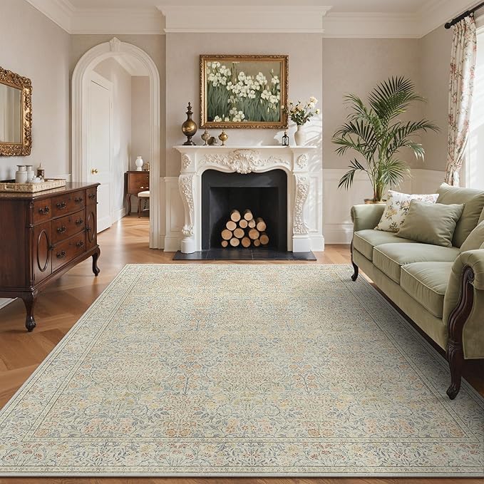GENIMO 8x10 Area Rug for Living Room, Washable Vintage Floral Low Pile Non-Slip Large Carpet for Bedroom Dining Room, Stain Resistant Botanical Indoor Rug (Beige)