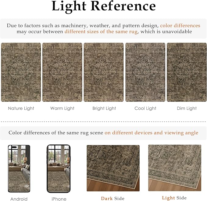 PureCozy 8x10 Washable Area Rug Brown Vintage Distressed Large Rug for Living Room Oriental Soft Thin Indoor Retro Carpet Non Slip Low Pile Floor Cover for Bedroom Dining Room Office Nursery