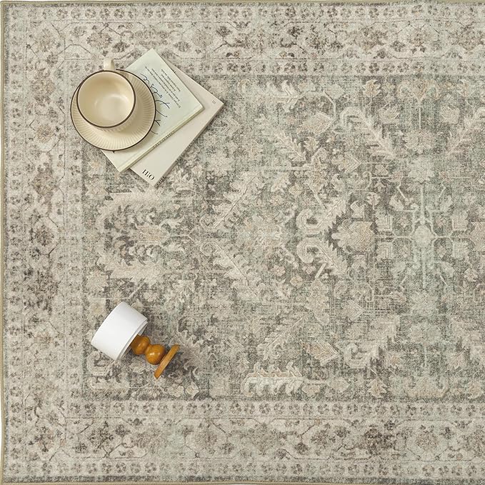 PureCozy Brown 5x7 Area Rug Vintage Washable Living Room Carpet Non Slip Bedroom Indoor Office Low Pile Traditional Distressed Retro Accent Rug for Dining Room Bathroom Kitchen