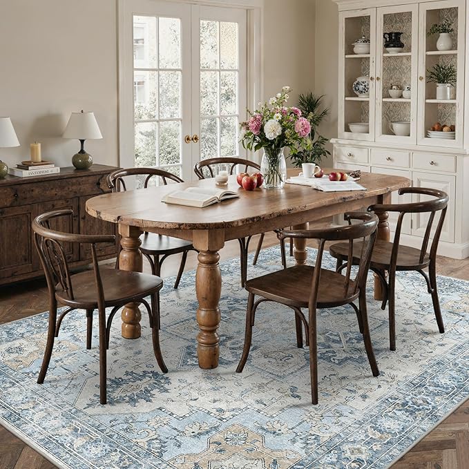 BESBLEE 8x10 Area Rugs for Living Room, Machine Washable Non Slip Vintage Rugs, Low Pile Lightweigt Chenille Print Indoor Rug for Bedroom, Dining Room, Home Office, Blue