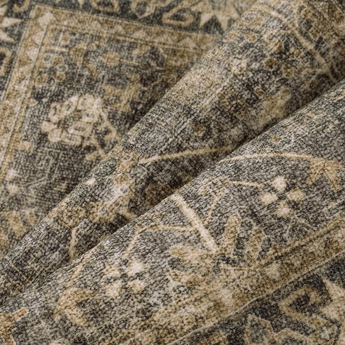 PureCozy 5x7 Brown Black Area Rug for Living Room Washable Vintage Distressed Carpet Bedroom Low Pile Non Slip Indoor Soft Retro Throw Accent Rug Office Kitchen Bathroom Dining Room