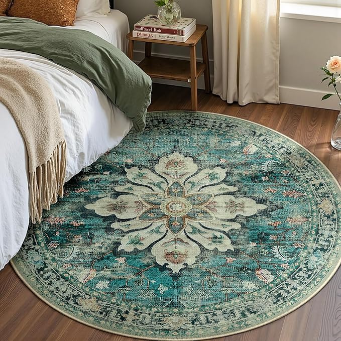 RELEANY Area Rugs 4ft Washable Non-Slip, Floral Vintage Distress Print Pattern Medallion Carpet for Living Room Bedroom Dining Room, Dark Blue Vintage