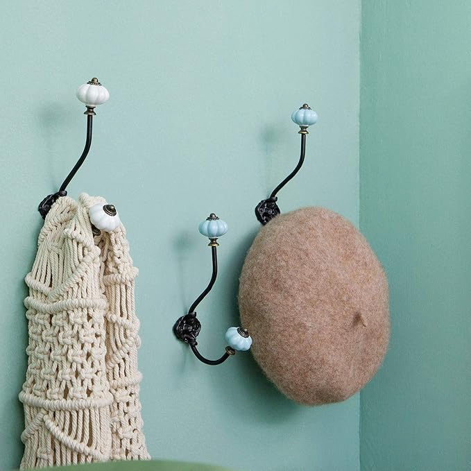 NIKKY HOME Wall Hooks Decorative 2 Pack Hanging Rustic Vintage Pumpkin Metal Iron Ceramic Antique Mounted Wall Hook for Towels Coat Bag Scarf Cap Hat Key for Farmhouse Mudroom Closet Bathroom, Blue