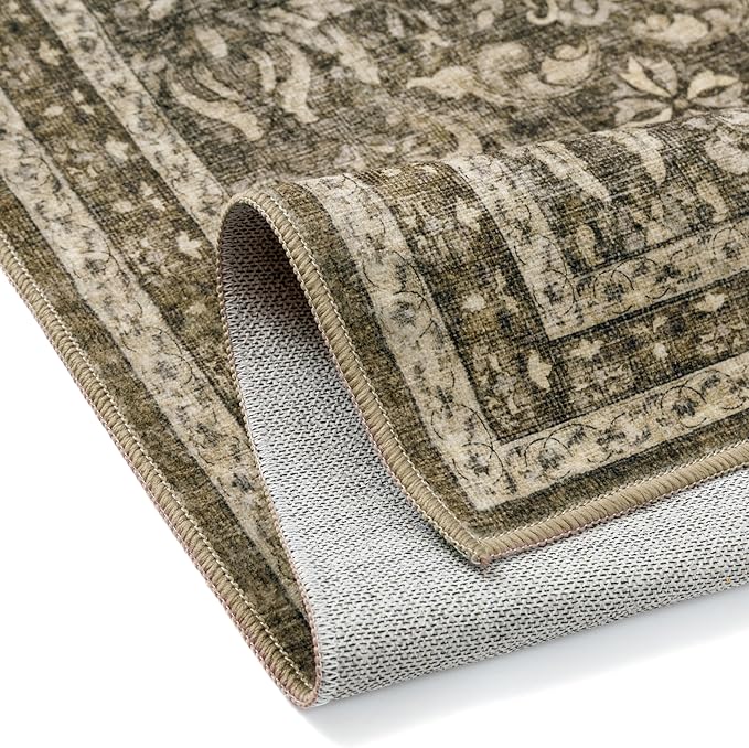 PureCozy Brown 3x5 Area Rug Washable Entryway Office Vintage Carpet Indoor Non Slip Small Low Plie Thin Bedroom Kitchen Rug Retro Accent Throw Living Dining Room Bathroom