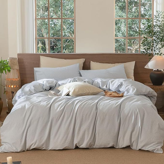 MooMee Striped Duvet Cover Set 100% Washed Cotton Linen Like Textured Breathable Durable Soft Comfy (Cornflower Blue White Pinstripes, Super King 108"x98")