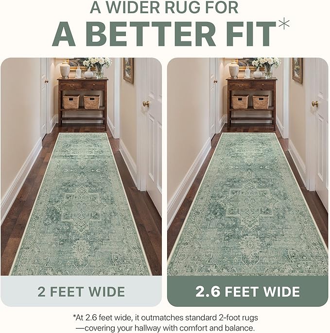 BESBLEE Runner Rug 2'6''x6 Non Slip Machine Washable Vintage Hallway Runner Rug, Low PileLight Weight Rugs for Entryway, Hallway, Kitchen and Corridor, Green