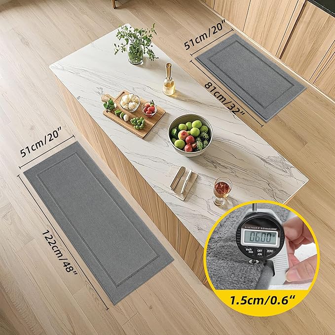 JSEI Non-Slip Kitchen Mats, Self Adhesive No Sliding Kitchen Rugs Set of 2, Washable Absorbent Floor Mat for Kitchen, Bathroom, Laundry Room, Bedroom, 20”x32”+32”x48”, Light Grey, Rectangular Pattern