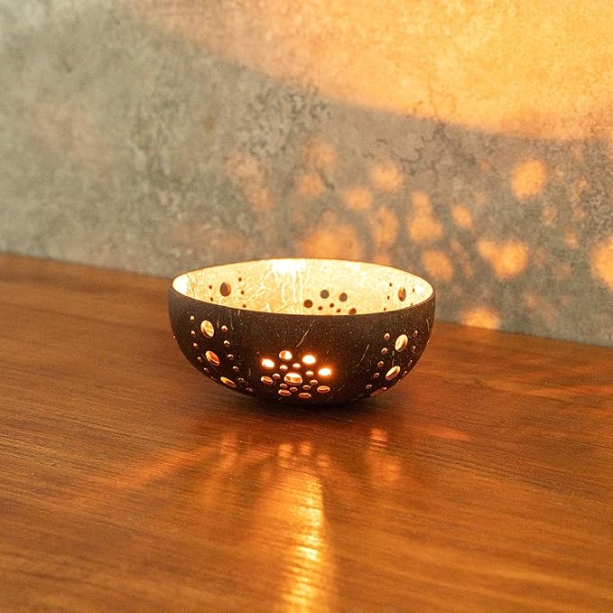 Restaurantware-Coco Casa 5.1 x 2 Inch Coconut Shell Candle Holders, 10 Reusable Tealight Holders - Candle Not Included, Sun Pattern, Brown Coconut Bowls For Candles, Handcrafted
