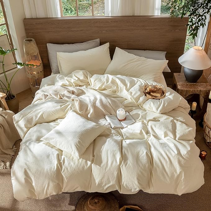 MooMee Wavy Striped Duvet Cover Set 100% Washed Cotton Linen Like Textured Breathable Durable Soft Comfy (Cream White, Full 80"x90")