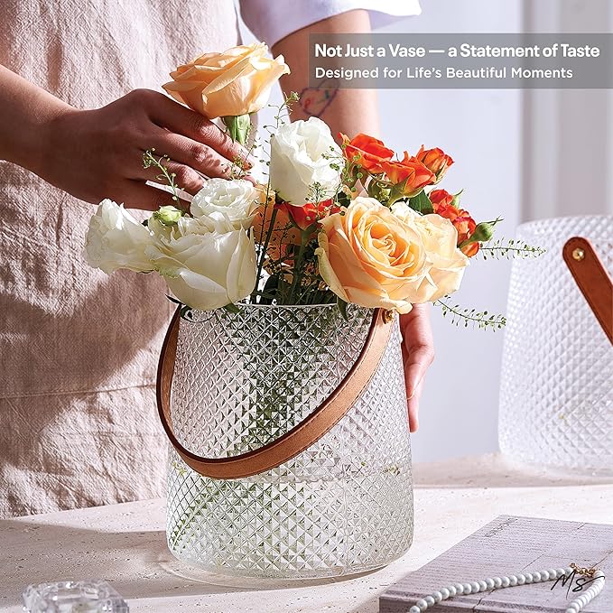 Nordic Handcrafted Glass Flower Vase with Vegan Leather Handle – Diamond Pattern Design – Modern Decorative Centerpiece – Elegant Gift for Weddings, Housewarming, Anniversaries – Stylish Home Décor