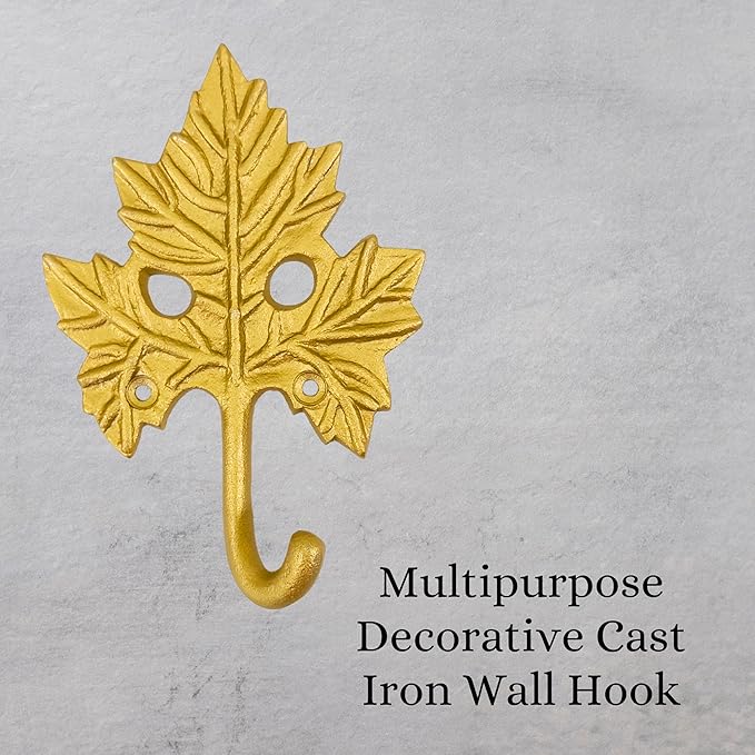 Set of 3 Cast Iron Maple Leaf Shape Coat Hooks Wall Art Decor-Maple Leaf Shape Hangers and Key Holder-Clothes Rack and Backpack Hanger-Coat Hooks Home Decor for Storage, Living Room, Hallway (Gold)