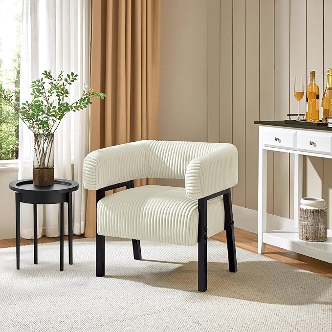 Yaheetech Corduroy Barrel Accent Chair, Modern Upholstered Armchair with Solid Wood Legs, Cozy Leisure Chair with Pocket Coiled Seat for Living Room, Bedroom, Reading Nook Beige