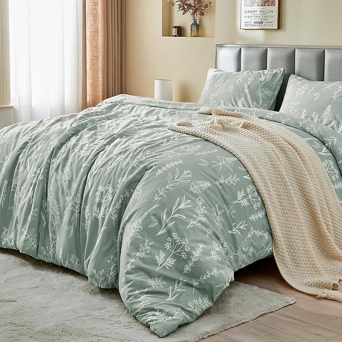MUXHOMO Duvet Cover Full Size, Reversible Floral Green Duvet Cover Set with Zipper Closure, 3 Pieces Botanical Patterns Soft Microfiber Bedding Set with 4 Ties (80"x90", 2 Pillow Cases)