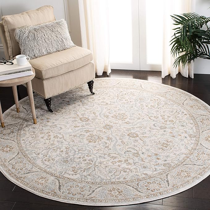 SAFAVIEH Isabella Collection Area Rug - 5'3" Round, Cream & Beige, Oriental Design, Non-Shedding & Easy Care, Ideal for High Traffic Areas in Living Room, Bedroom (ISA912A)