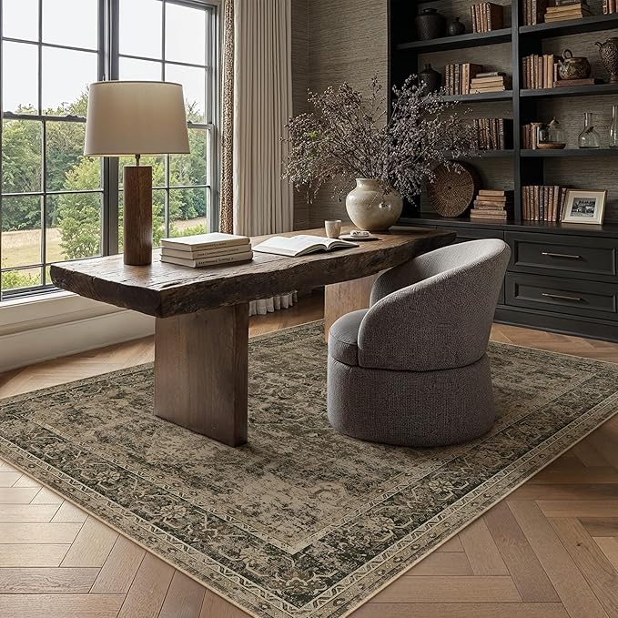PureCozy 4x6 Washable Area Rug Brown Vintage Distressed Rug for Office Oriental Soft Thin Indoor Retro Carpet Non Slip Low Pile Floor Cover for Living Ding Room Bedroom Laundry