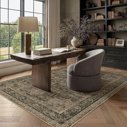 PureCozy 4x6 Washable Area Rug Brown Vintage Distressed Rug for Office Oriental Soft Thin Indoor Retro Carpet Non Slip Low Pile Floor Cover for Living Ding Room Bedroom Laundry