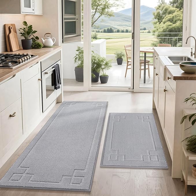 BEQHAUSE Kitchen Rugs Non-Slip Washable Rug Sets of 2, Machine Washable Kitchen Mats Absorbent Soft Kitchen Runner Rugs for Floor,Sink,Hallway,Laundry,24”x36”+24”x60”, Grey
