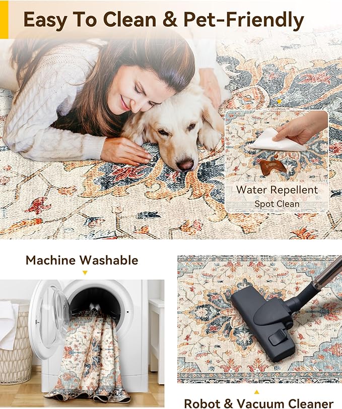 RELEANY Area Rugs 6ft Washable Non-Slip, Floral Vintage Distress Print Pattern Medallion Carpet for Living Room Bedroom Dining Room, Beige Navy Blue Orange Colorful