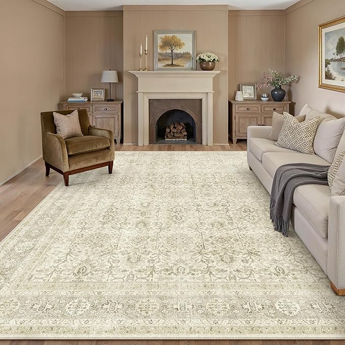 PureCozy Vintage Area Rug 6x9 Beige Washable Living Room Large Carpet Non Slip Bedroom Indoor Office Low Pile Traditional Distressed Retro Accent Rug for Dining Room Kitchen