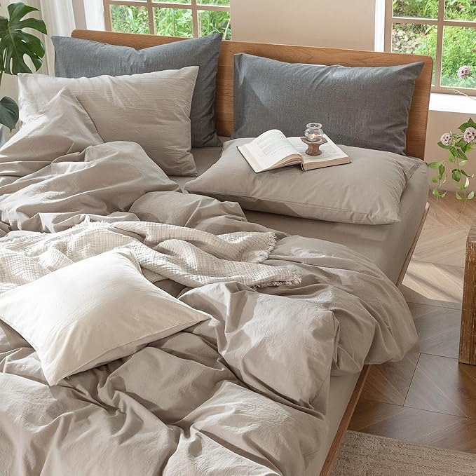 MooMee Bedding Duvet Cover Set 100% Washed Cotton Linen Like Textured Breathable Durable Soft Comfy (Solid Light Tan, Cal King 104"x98")