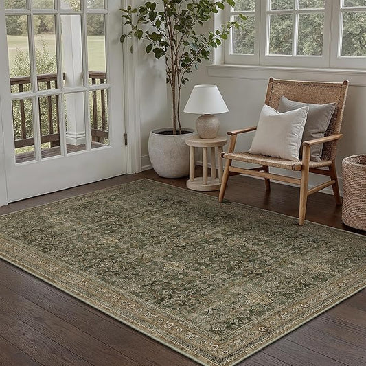 PureCozy Entryway Area Rug 4x6 Green Brown Vintage Washable Office Carpet Traditional Distressed Indoor Entry Soft Non Slip Small Door Mat Retro Low Pile Thin Rug for Kitchen Laundry Bedroom