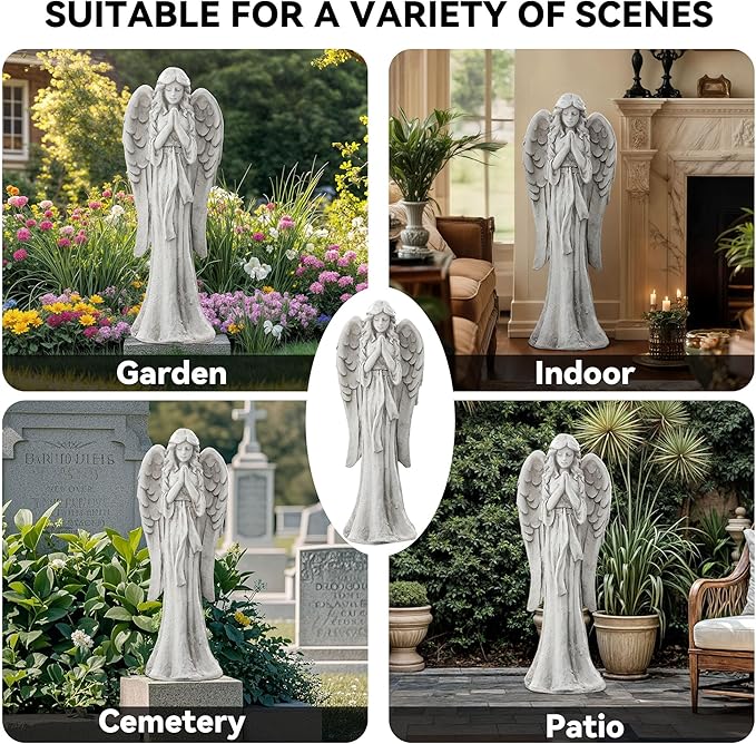 Praying Angel Statue for Outdoor Garden, 26.4 Inch Large Heavenly Memorial Sculpture,Durable MGO Stone Standing Angels for Yard, Patio or Cemetery Decor,Offering Comfort & Peace, Antique White
