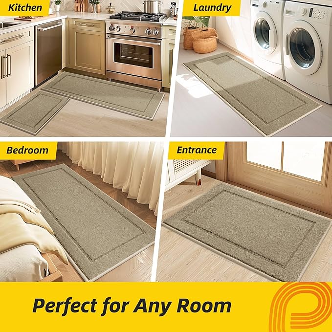 JSEI Non-Slip Kitchen Mats, Self Adhesive No Sliding Kitchen Rugs Set of 2, Washable Absorbent Floor Mat for Kitchen, Bathroom, Laundry Room, Bedroom, 20”x32”+32”x48”, Beige, Rectangular Pattern