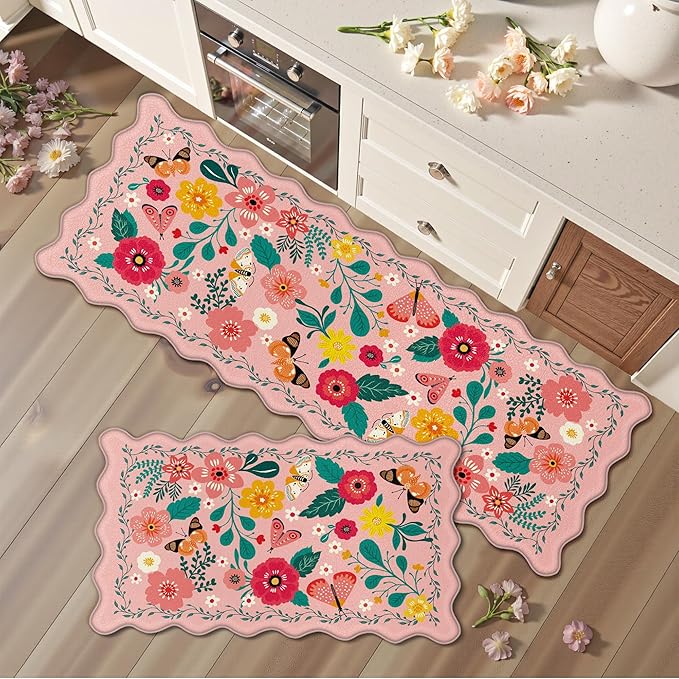 Scalloped Pink Kitchen Mats for Floor 2PC Cushioned Anti Fatigue Kitchen Mats Rugs Waterproof Non Slip Farmhouse Boho Floral Comfort Foam Standing Mat for Sink Laundry