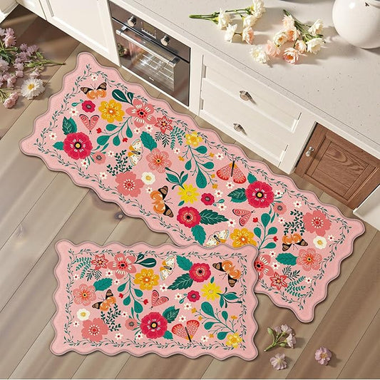 Scalloped Pink Kitchen Mats for Floor 2PC Cushioned Anti Fatigue Kitchen Mats Rugs Waterproof Non Slip Farmhouse Boho Floral Comfort Foam Standing Mat for Sink Laundry