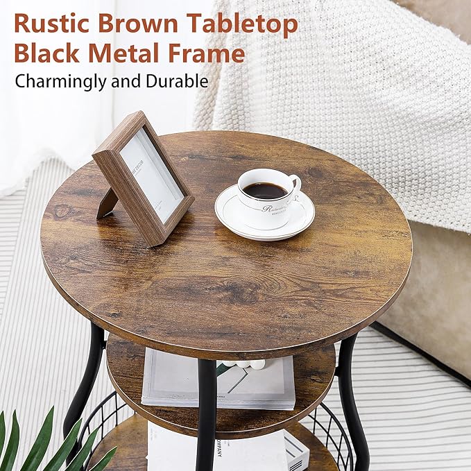 Round Side Table,3 Tier End Table with Storage Shelves for Living Room, Accent Sofa Couch Table for Small Spaces,Nightstand with Metal Frame for Bedroom, Rustic Brown - 19.7"